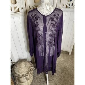 Vintage New Options Kimono Duster Floral Purple Embroidered Sheer Top Medium
